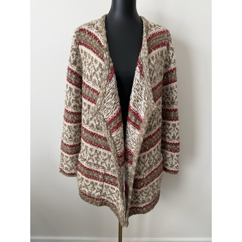 J Jill Women's L Tan Red Fair Isle Wool Alpaca Chunky Draped Oversized Cardigan